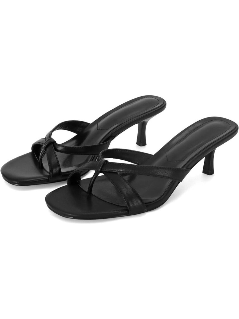 Women's Black Rounded Open-Toe Strappy Kitten Mule Heel Thong Flip-Flop Sandal
